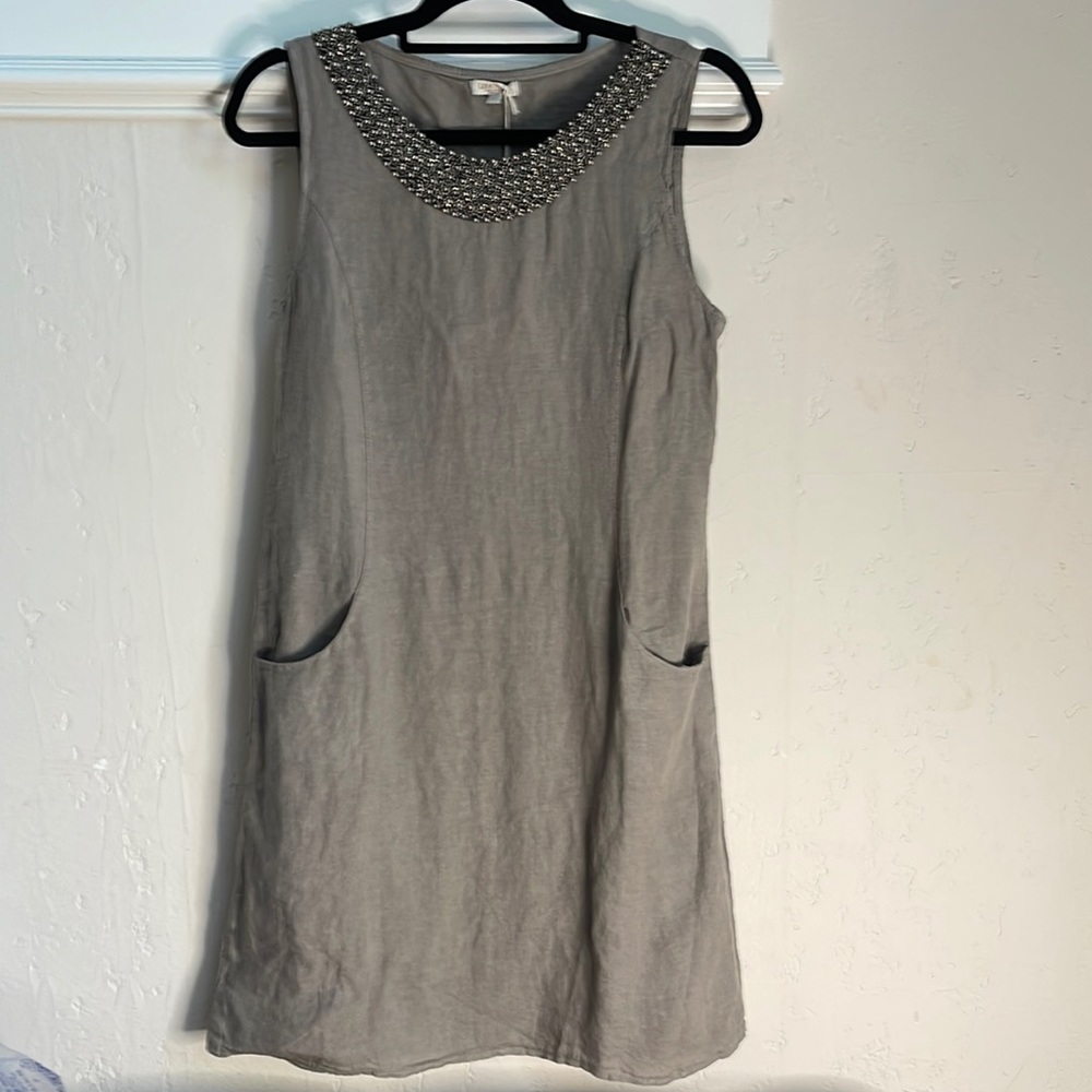 Lina Tomei Pure Linen Dress w/ Stretch Cotton Side Panels Small Taupe